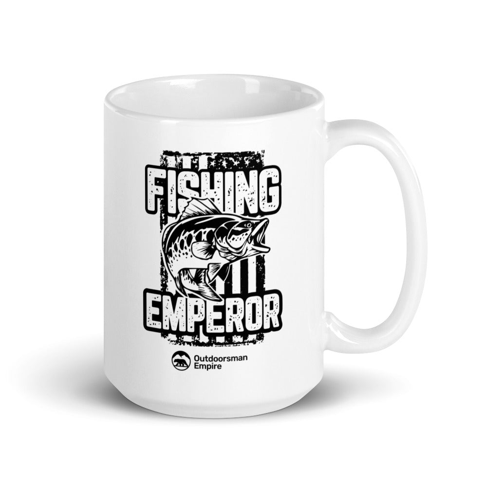 Fishing Emperor v4 11oz Mug with UV printed design, showcasing a fishing theme and a sturdy ceramic build.